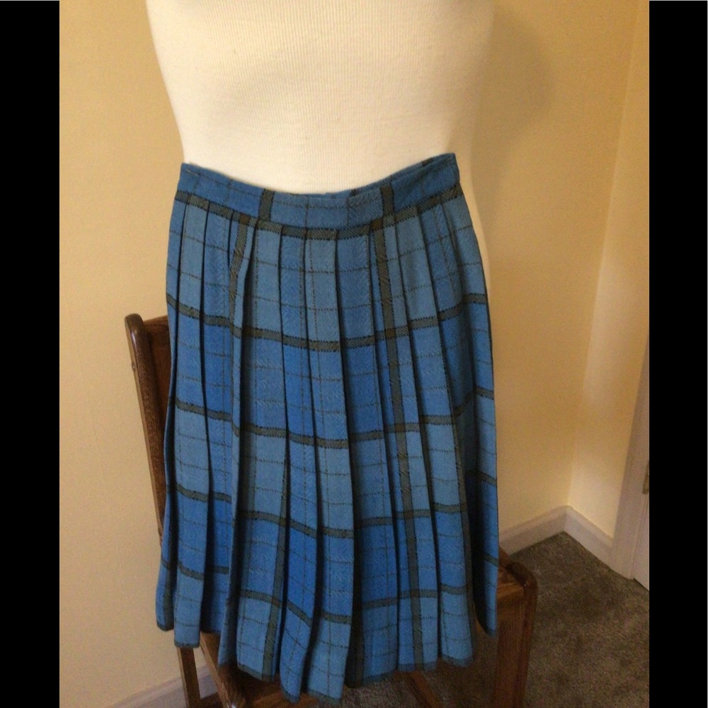 Vintage Blue Plaid Pleated Wool Skirt